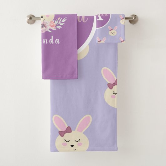 Mädchen Niedliches Lila Bunny Rabbit Monogram Must Badhandtuch Set (Insitu)