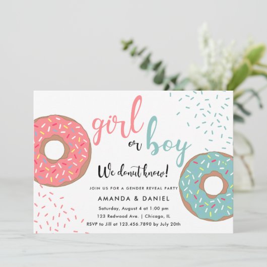 Mädchen oder Junge / Blau oder Rosa Donuts Geschle Einladung (Stehend Vorderseite)