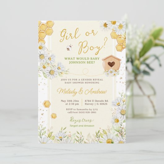 Mädchen oder Junge Hummel Gender Reveal Baby Dusch Einladung (Stehend Vorderseite)