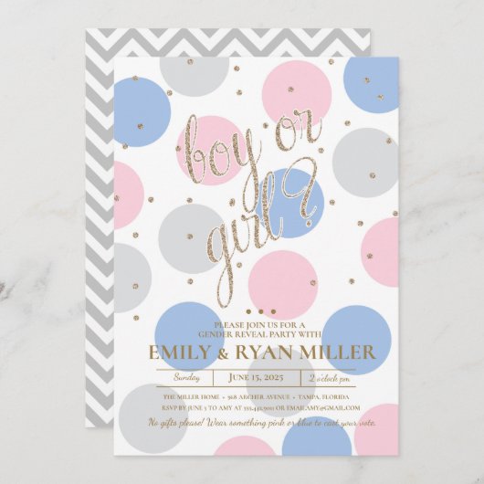 Mädchen oder Junge? Rosa und blaues Baby-Gender-Pa Einladung (Vorne/Hinten)