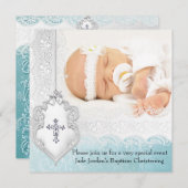 Mädchen oder Junge Taufe Aquamarine White Lace Fot Einladung (Vorne/Hinten)