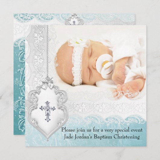 Mädchen oder Junge Taufe Aquamarine White Lace Fot Einladung (Vorne/Hinten)