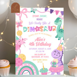 Mädchen Pastell-Party wie ein Dinosaurier-Geburtst Einladung