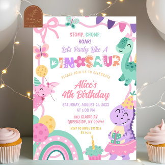 Mädchen Pastell-Party wie ein Dinosaurier-Geburtst Einladung