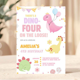 Mädchen Pastell Rosa Dinosaurier 4. Geburtstag Einladung