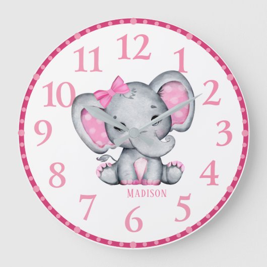 Mädchen Personalisiert Pink Elephant Wall Clock Große Wanduhr (Vorderseite)
