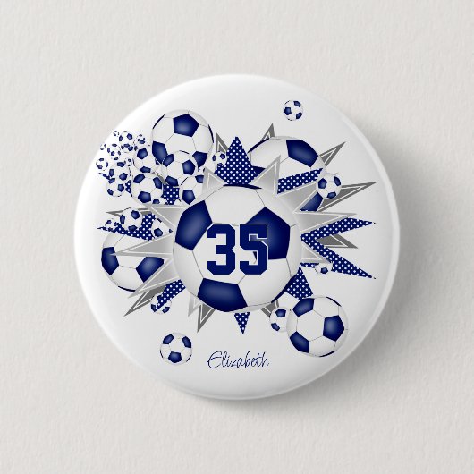 Mädchen personalisierter Fußball-Ball blasen blau Button (Vorderseite)