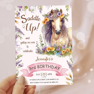 Mädchen Pferd 3. Geburtstag Lila Floral Sattel Auf Einladung
