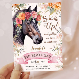 Mädchen Pferd 9. Geburtstag Pink Cowgirl Sattel Up Einladung