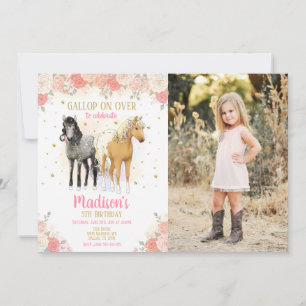 Mädchen Pferd Pony Aquarell Blumen Foto Geburtstag Einladung