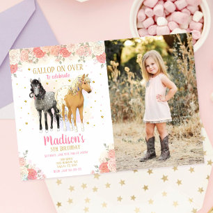 Mädchen Pferd Pony Aquarell Blumen Foto Geburtstag Einladung