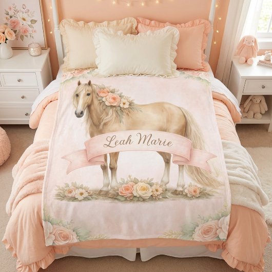 Mädchen Pfirsich Blumen Pferd Personalisierter Nam Fleecedecke
