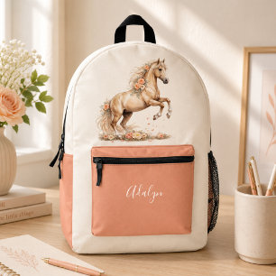 Mädchen Pfirsich Rose Pferd Skript Monogramm Bedruckter Rucksack