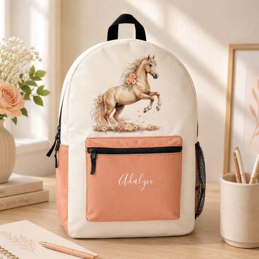 Mädchen Pfirsich Rose Pferd Skript Monogramm Bedruckter Rucksack