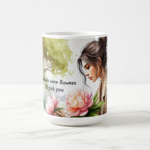 Mädchen Pflückt Blumen Freundschaftsbotschaft Kaffeetasse