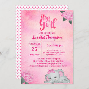 Mädchen Pink Elephant Baby Dusche Einladung