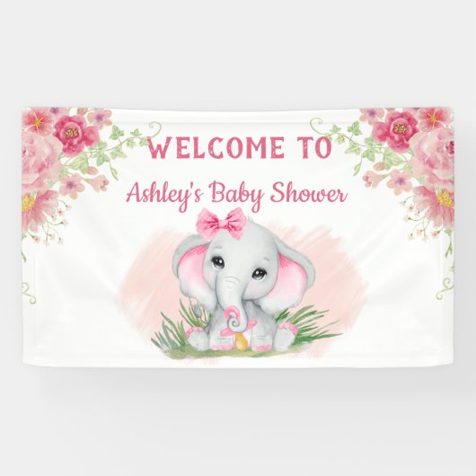 Mädchen Pink Elephant Floral Custom Baby Dusche Banner (Horizontal)