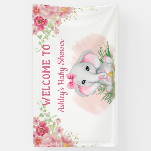 Mädchen Pink Elephant Floral Custom Baby Dusche Banner (Vertikal)