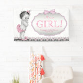Mädchen Pink Gray Lace Bow Baby Dusche Banner (Insitu)