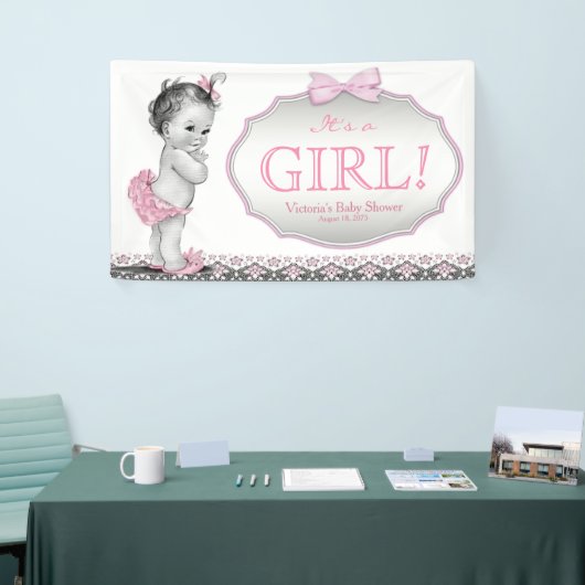 Mädchen Pink Gray Lace Bow Baby Dusche Banner (Messeveranstaltung)