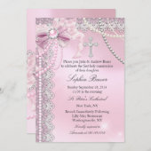 Mädchen Pink Pearl Bow Kreuz Heilige Kommune Einladung (Vorne/Hinten)