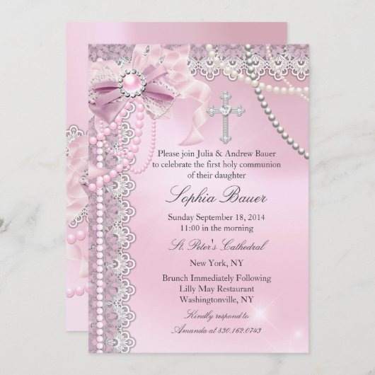 Mädchen Pink Pearl Bow Kreuz Heilige Kommune Einladung (Vorne/Hinten)