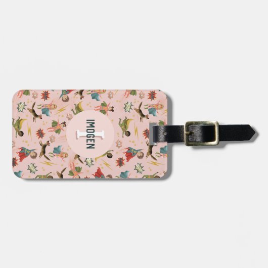 Mädchen Pink Superhero Monogramm und Name Kinder Gepäckanhänger (Vorderseite horizontal)