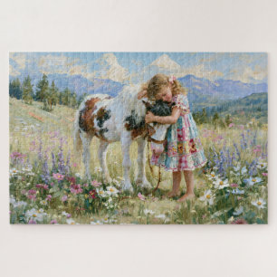 Mädchen Pony Berge Wiese Blumen Malerei Puzzle