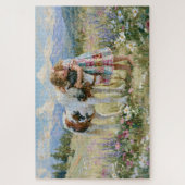 Mädchen Pony Berge Wiese Blumen Malerei Puzzle (Vertikal)