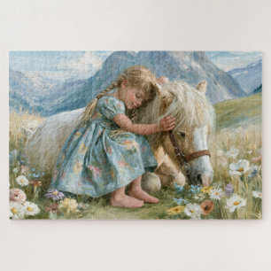 Mädchen-Pony-Gebirgs-Wiesen-Gemälde Puzzle