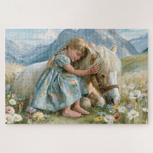 Mädchen-Pony-Gebirgs-Wiesen-Gemälde Puzzle (Horizontal)