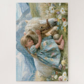 Mädchen-Pony-Gebirgs-Wiesen-Gemälde Puzzle (Vertikal)