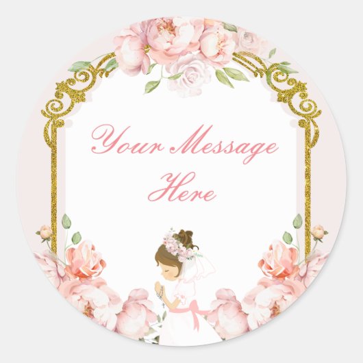 Mädchen Praying Gold 1. Heilige Kommune Ihre Botsc Runder Aufkleber (Vorderseite)