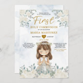 Mädchen Praying White Floral First Heilige Kommuni Einladung (Vorne/Hinten)
