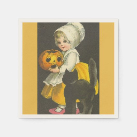 Mädchen, Pumpkin, Katze Vintage Halloween Papier N Serviette (Vorderseite)