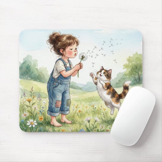 Mädchen pustet Löwenzahnsämlinge mit Katze Mousepad (Mit Mouse)