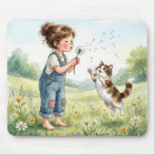 Mädchen pustet Löwenzahnsämlinge mit Katze Mousepad (Vorne)