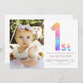 Mädchen Regenbogen 1. Geburtstag Foto Einladung