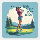 Mädchen regieren den Kurs Retro Golf Illustration Quadratischer Aufkleber (Vorderseite)