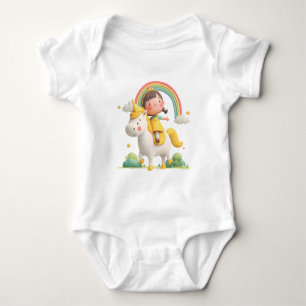 Mädchen reitet auf einem Einhorn mit Regenbogen – Baby Strampler