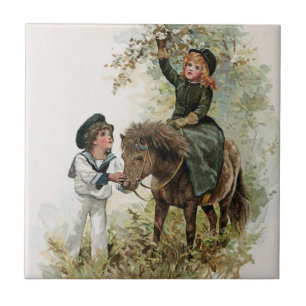 Mädchen reitet auf Shetlandpony Vintage Fliese