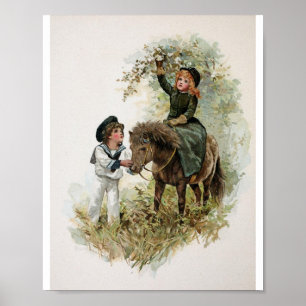 Mädchen reitet auf Shetlandpony Vintage Poster