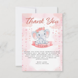 Mädchen Rosa Aquarell-Elefant Baby Shower Dankeskarte