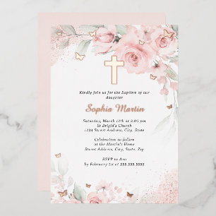 Mädchen Rosa Erröten Roségold Kreuz Blumen Taufe Folieneinladung