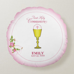 Mädchen-Rosa-erste heilige Kommunion, Chalice, Rundes Kissen