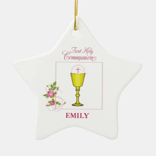 Mädchen Rosa Erstkommunion, Kelch, Hostie, Rosen Keramikornament