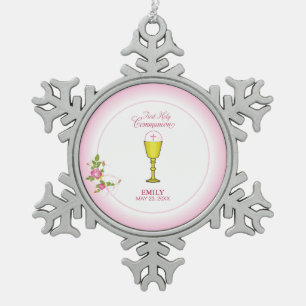 Mädchen Rosa Erstkommunion, Kelch, Hostie, Rosen Schneeflocken Zinn-Ornament