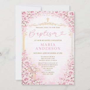 Mädchen Rosa Florale Taufe Blush Rose Religion Kre Einladung