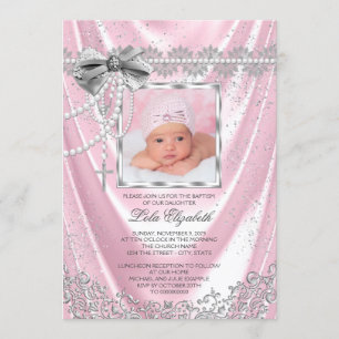 Mädchen Rosa Foto Taufe Taufkleid Satin Glitter Einladung