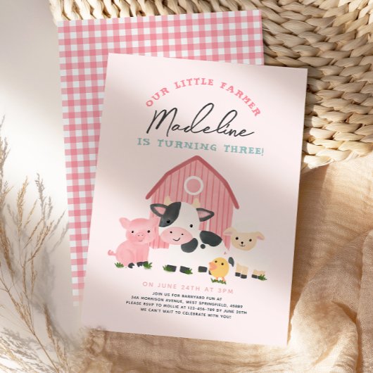 Mädchen Rosa Gingham Bauernhof 3. Geburtstag Einladung